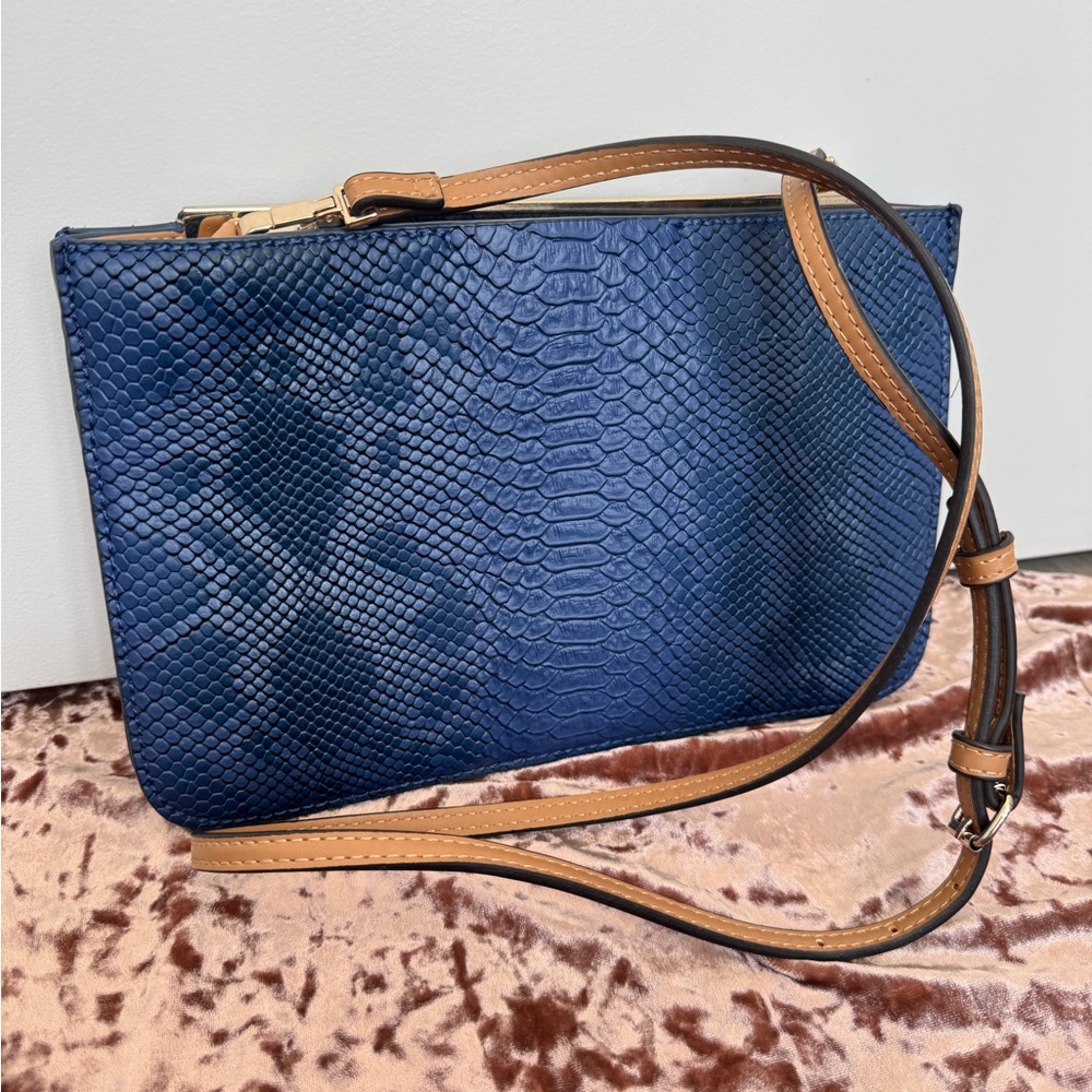 Zara Blue Textured Clutch with Tan Strap
